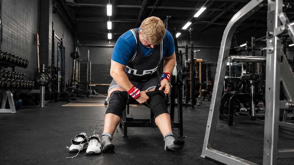 Powerlifter wrapping knees with knee wraps before a heavy back squat