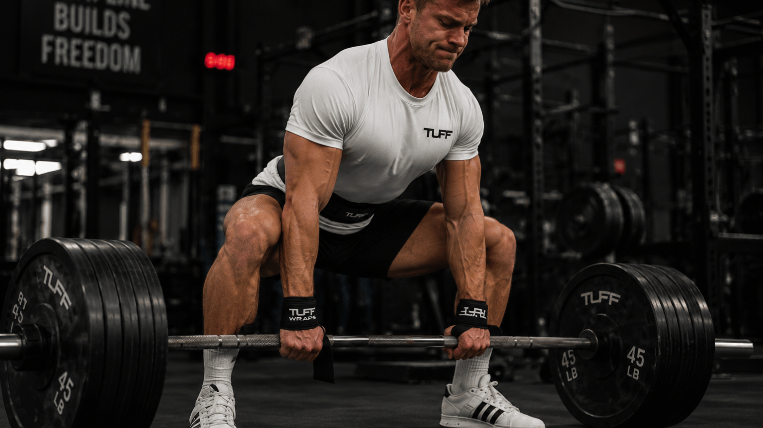 Lifter cinching lifting straps around a loaded barbell before a heavy deadlift