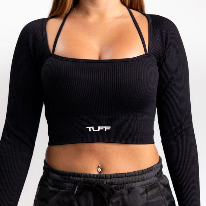 Classic Ribbed Long Sleeve Crop Top - Black TuffWraps.com