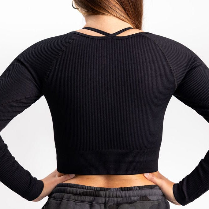 Classic Ribbed Long Sleeve Crop Top - Black TuffWraps.com