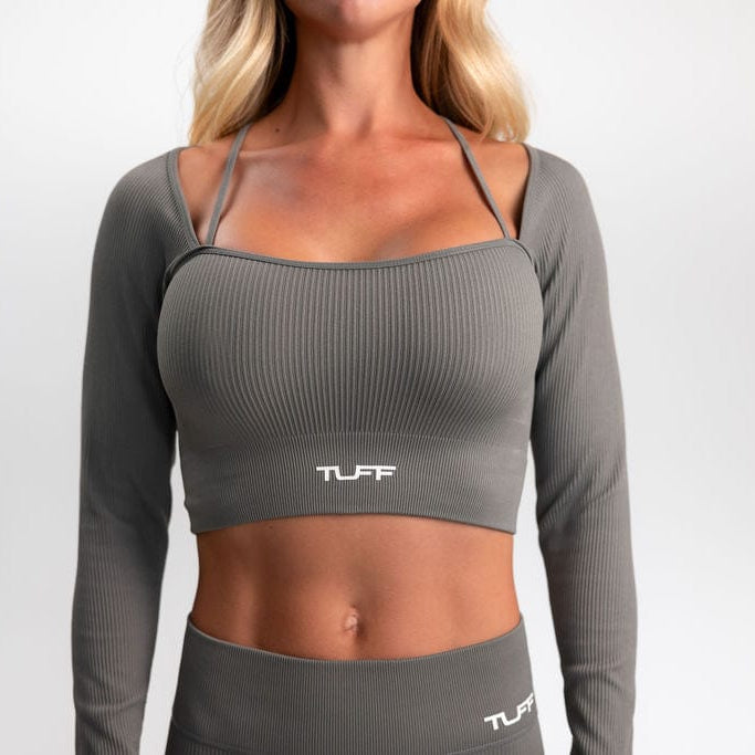 Classic Ribbed Long Sleeve Crop Top - Gray TuffWraps.com