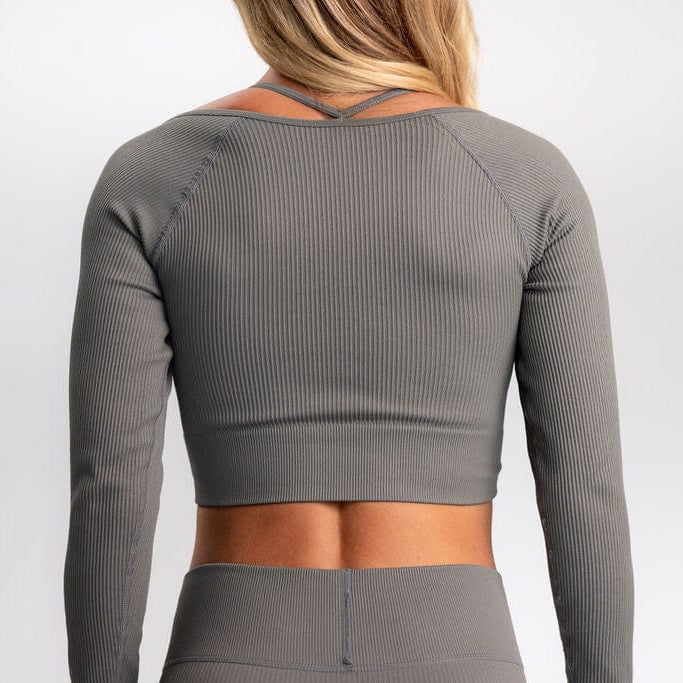 Classic Ribbed Long Sleeve Crop Top - Gray TuffWraps.com