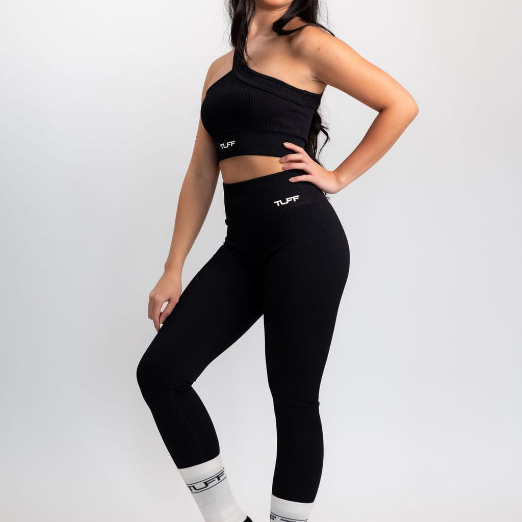 Classic Ribbed One Shoulder Sports Bra - Black TuffWraps.com
