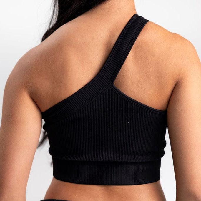 Classic Ribbed One Shoulder Sports Bra - Black TuffWraps.com