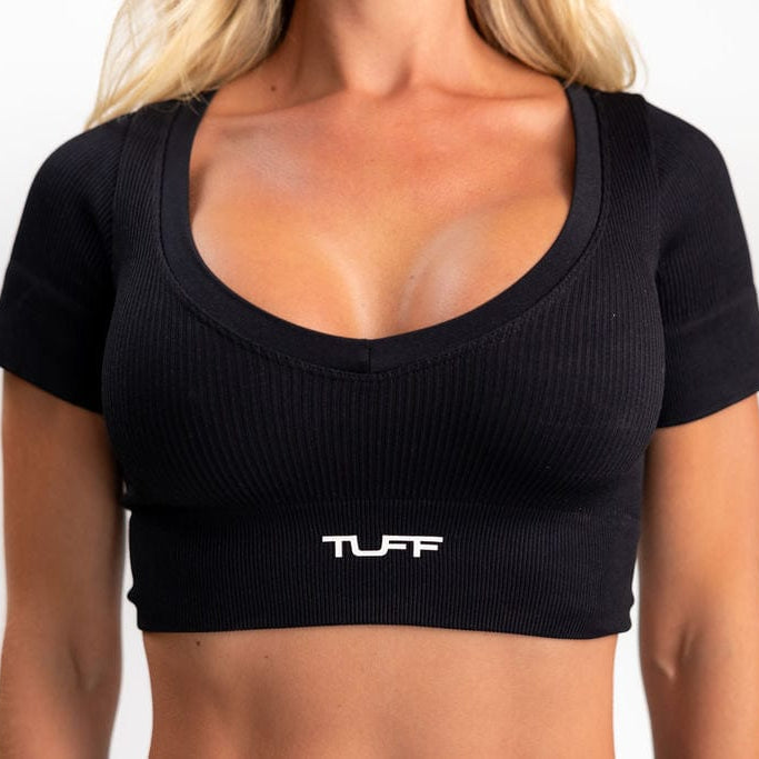 Classic Ribbed Short Sleeve Crop Top - Black TuffWraps.com