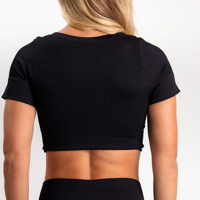 Classic Ribbed Short Sleeve Crop Top - Black TuffWraps.com