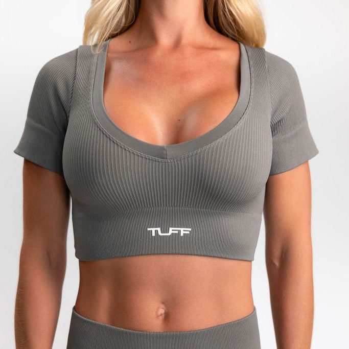 Classic Ribbed Short Sleeve Crop Top - Gray TuffWraps.com
