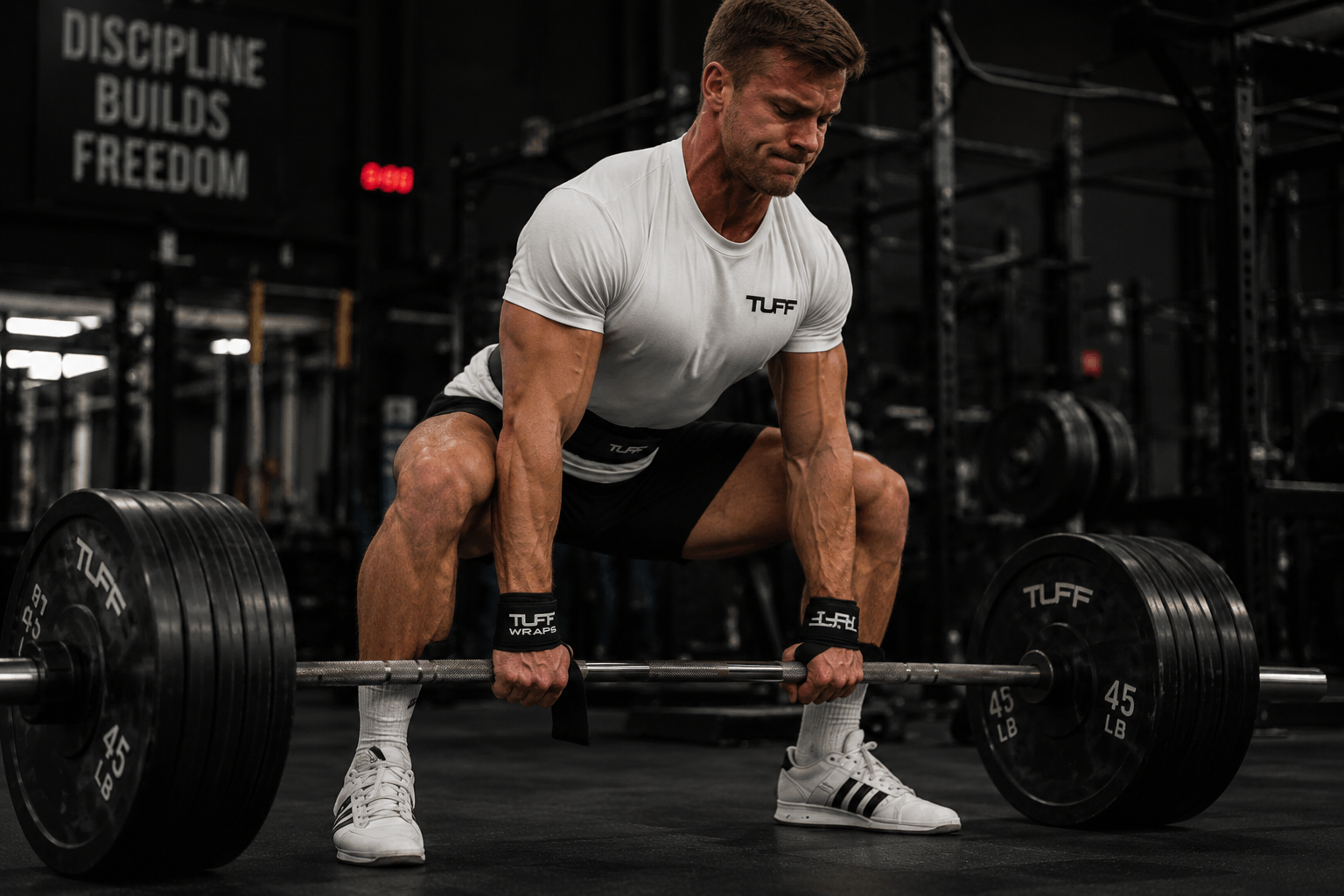 Lifter cinching lifting straps around a loaded barbell before a heavy deadlift